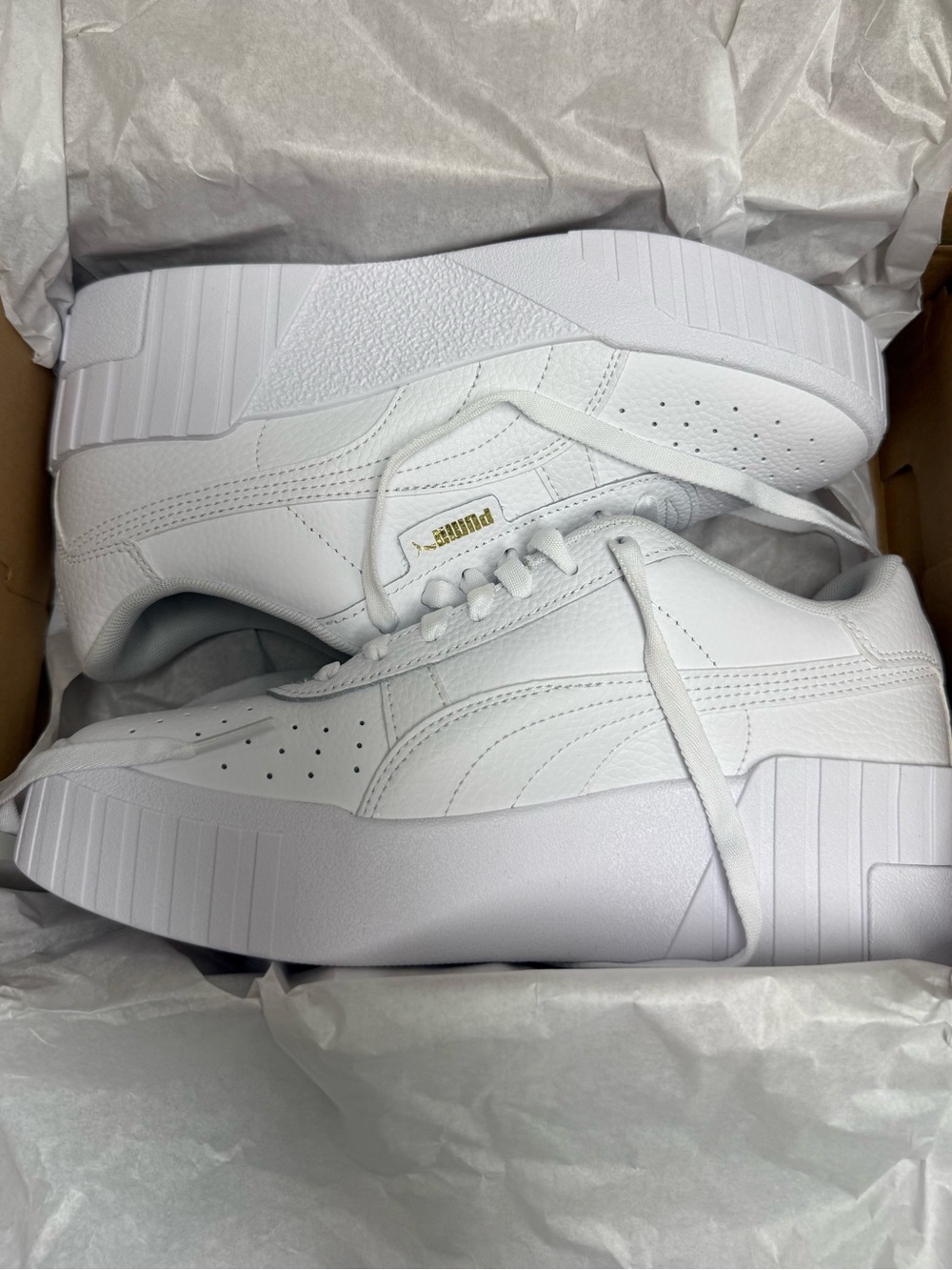 Puma Cali Wedge White Platform Sneakers with Gold Logo Accent